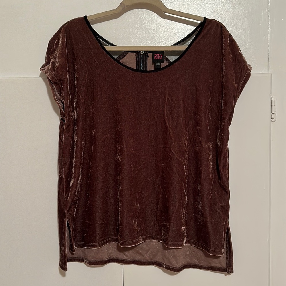 2b bebe Brown Crushed Velvet Short Sleeve Blouse with Mesh Detail